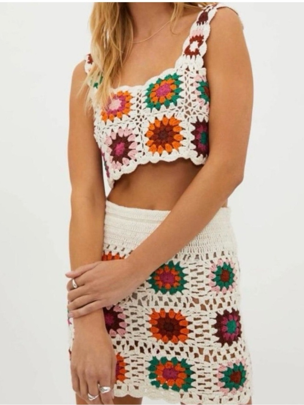 Beach Riot White Crochet Mini Skirt with Multicolor Floral Squares and Crop Top